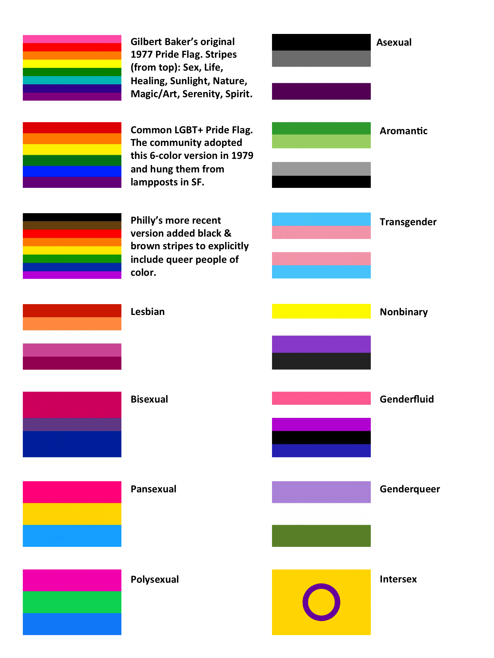 Color images of various pride flags and what they stand for